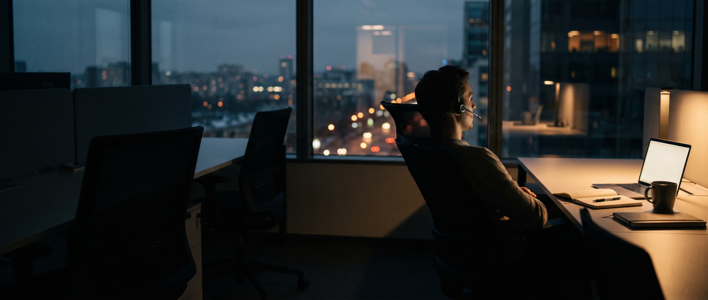 Una persona con auriculares en una llamada, en un escritorio junto a una ventana con luces de la ciudad de noche.