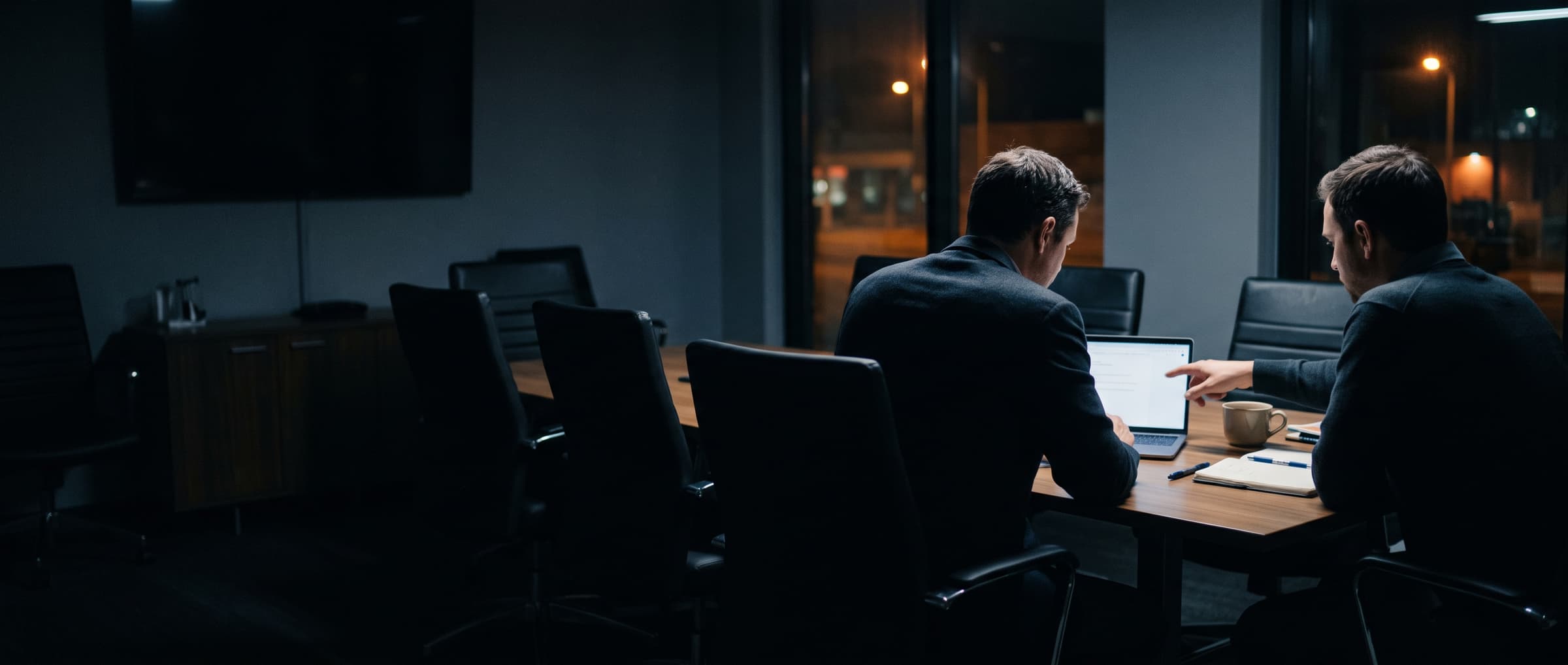 An engineer points at a laptop screen while a client leans in to watch, in a meeting room at night.
