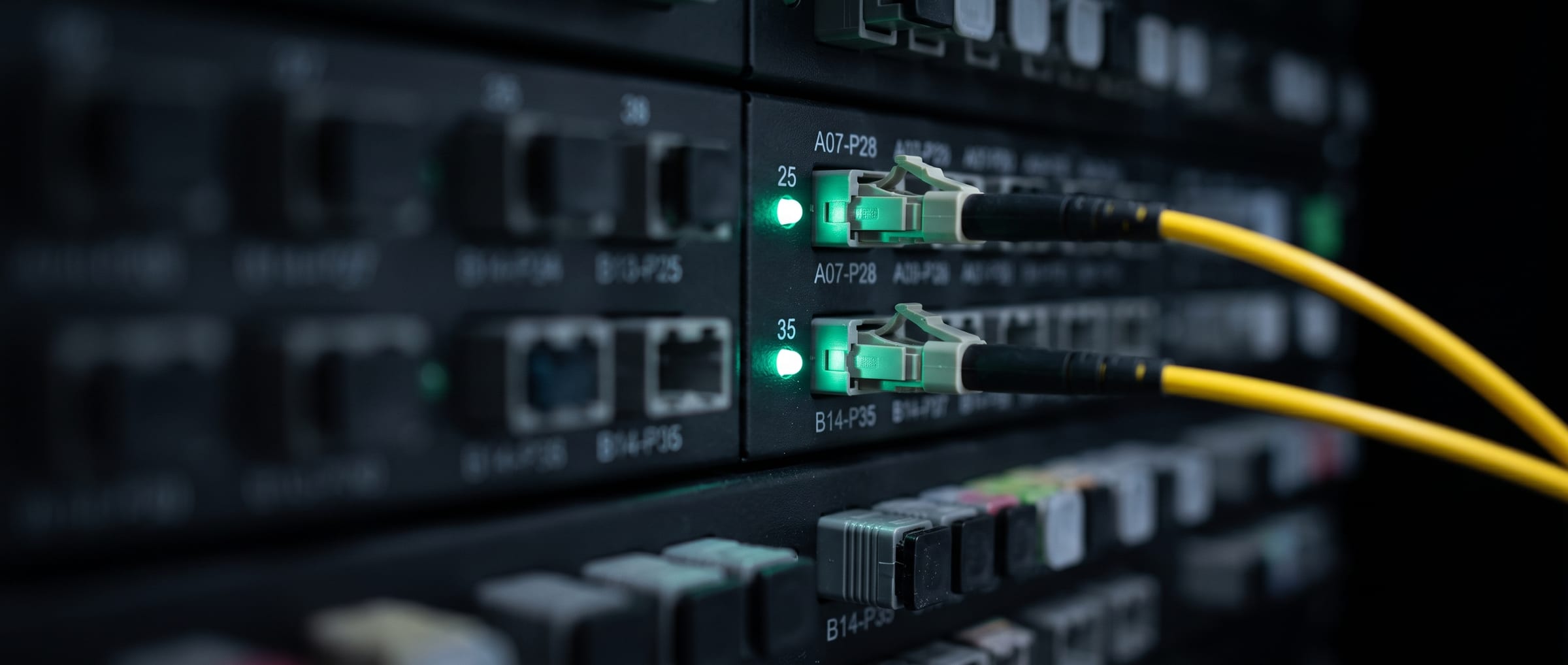 Un patch panel de fibra: un solo cable que va directo de un puerto a otro, con el LED de enlace en verde.