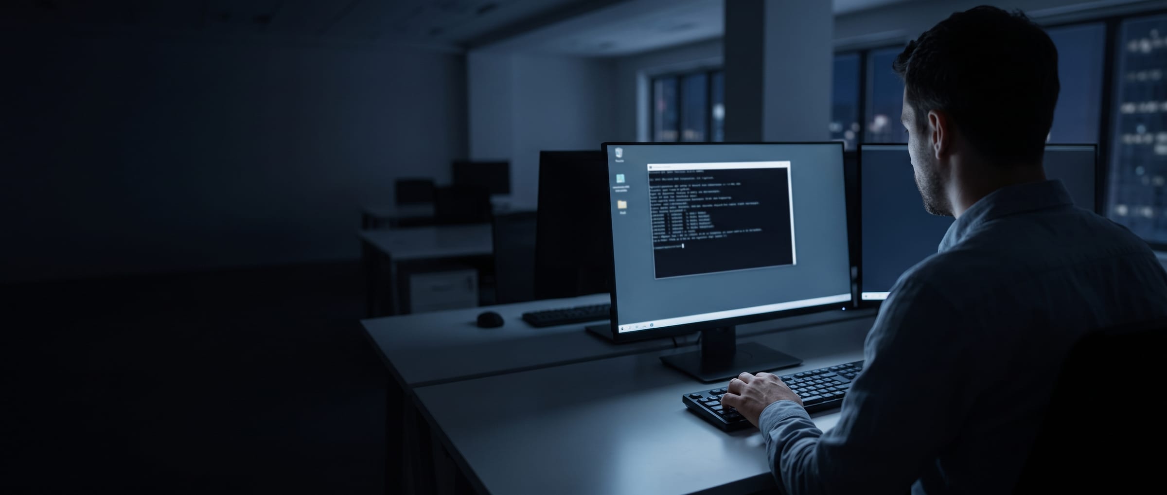 Un ingeniero solo en una oficina de noche, mirando a un agente de IA correr en una terminal, con la mano detenida sobre el teclado.