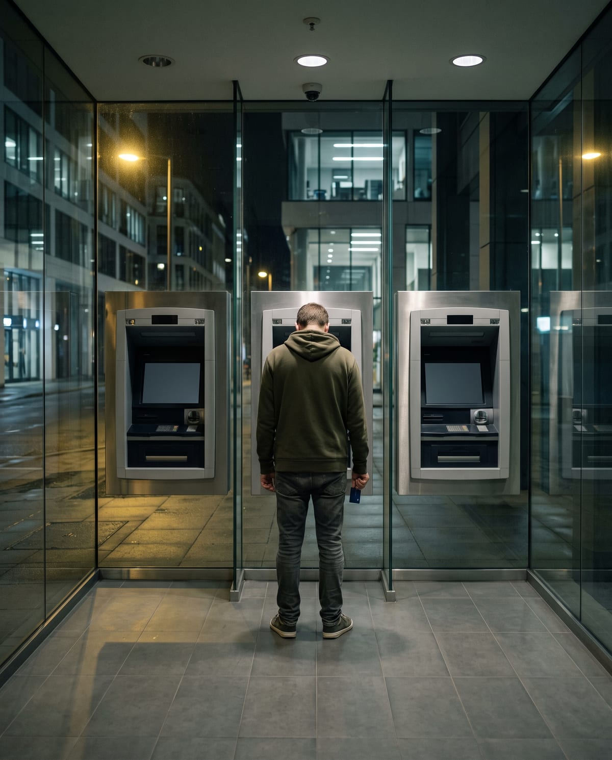 Una fila de cajeros automáticos de noche con las pantallas apagadas y una persona frente a ellos con una tarjeta en la mano.