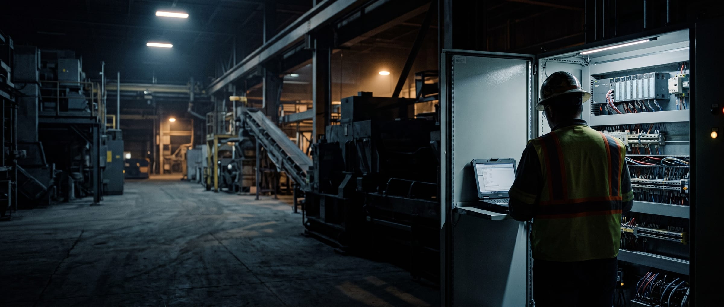 A contractor at an open industrial control cabinet.