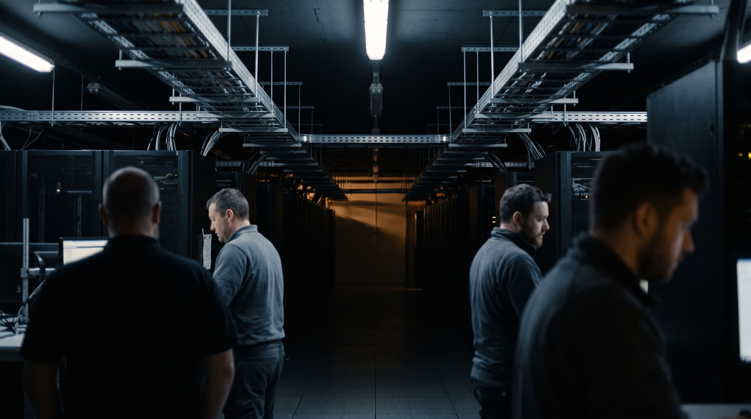 A team of engineers talking in the aisle of a data center they do not own.