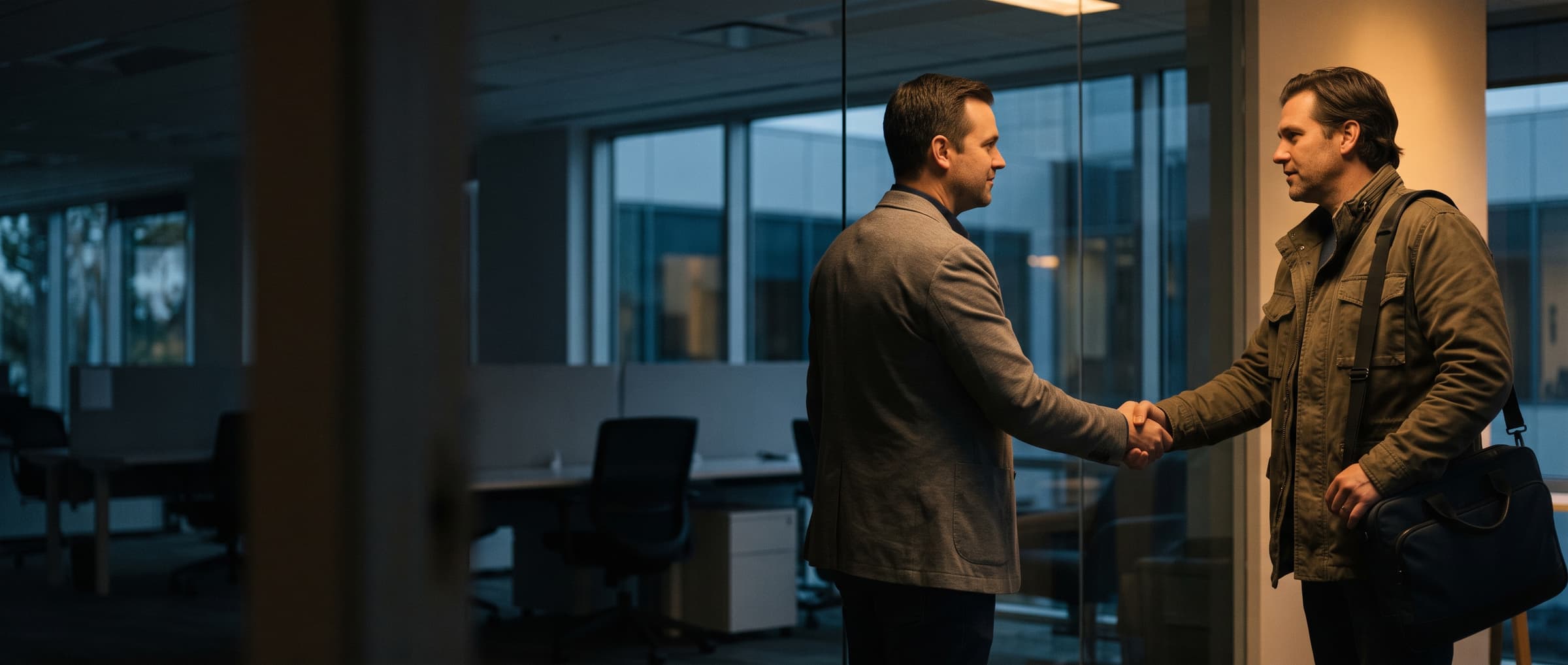 Two people shake hands in an office at dusk, one in a blazer, the other in a field jacket with a laptop bag.