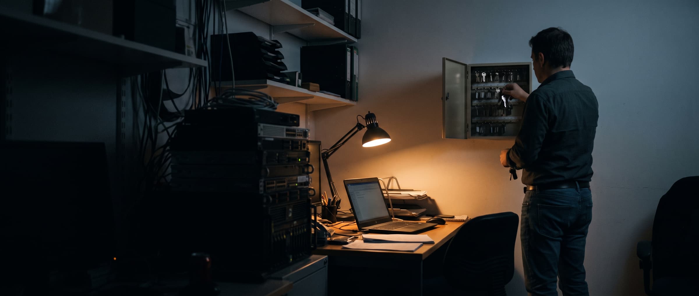 A man opens a wall-mounted key cabinet beside a server rack in a small office at night.