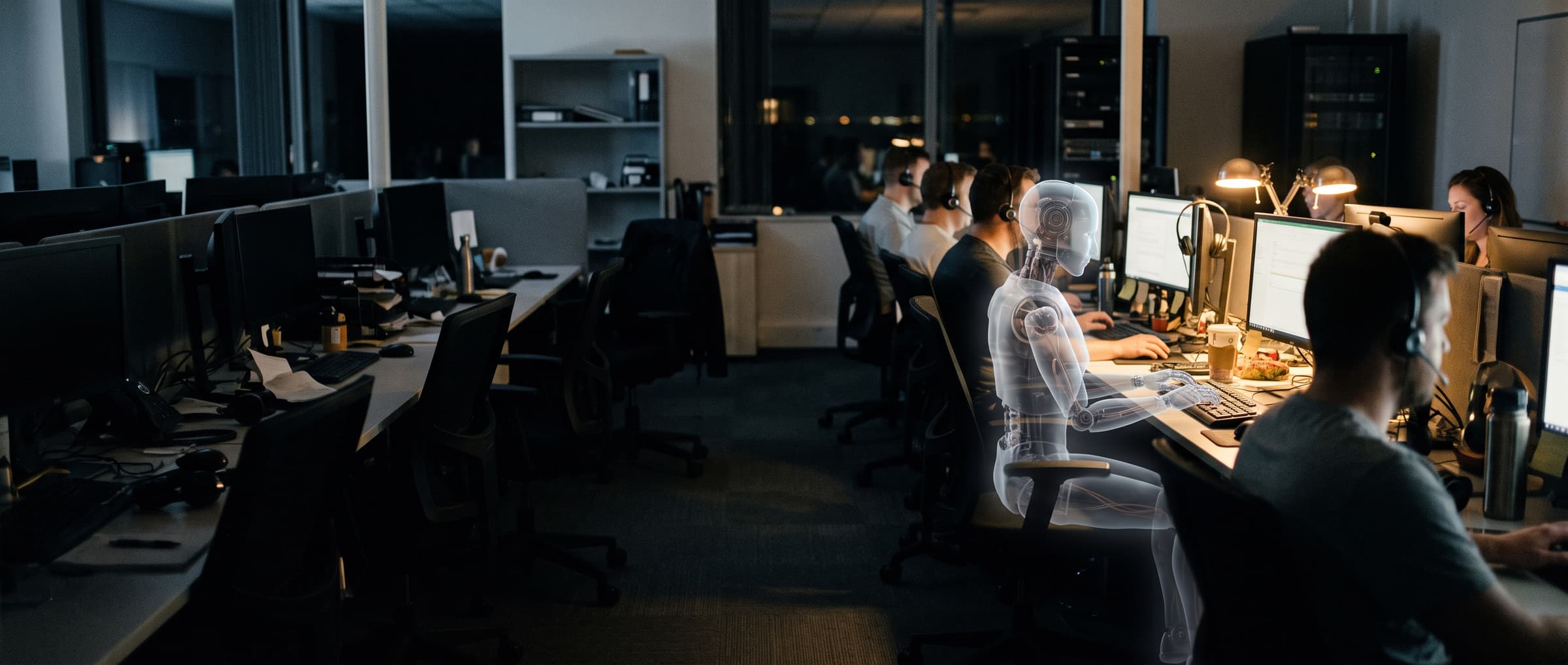 A service desk at night: technicians with headsets at their monitors and a translucent robot working among them.