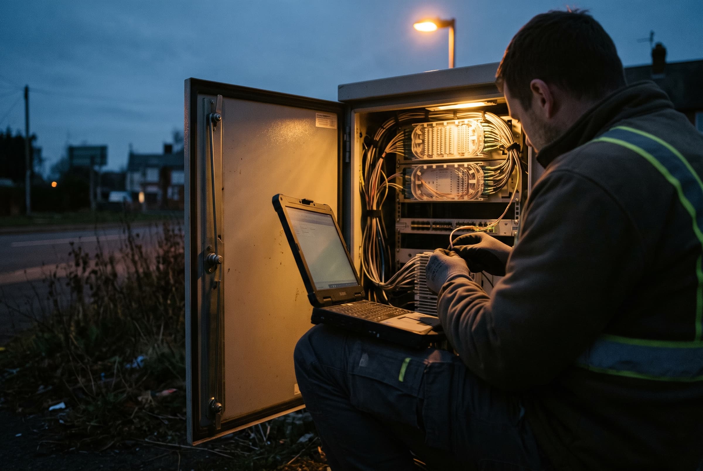 A technician with a laptop works on a single roadside equipment cabinet at dusk.