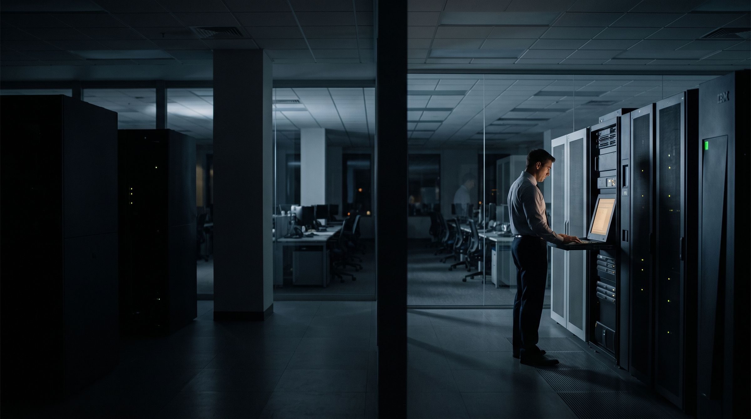 A bank's core systems room at night: an engineer at a rack console beside mainframe cabinets, the operations floor dark behind the glass.