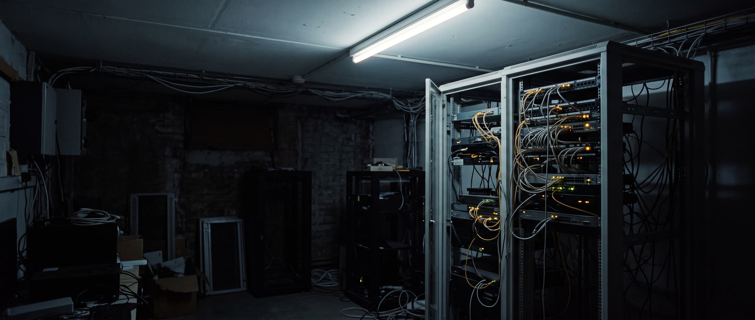 An old basement equipment room: open racks, tangled cabling and a single fluorescent tube.