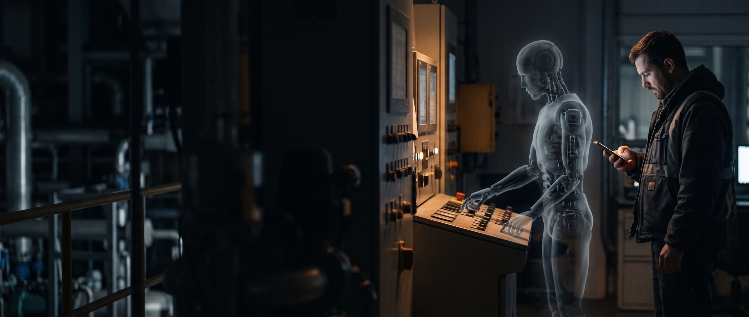A translucent robot paused at a plant control console while an engineer beside it decides on his phone whether to approve.