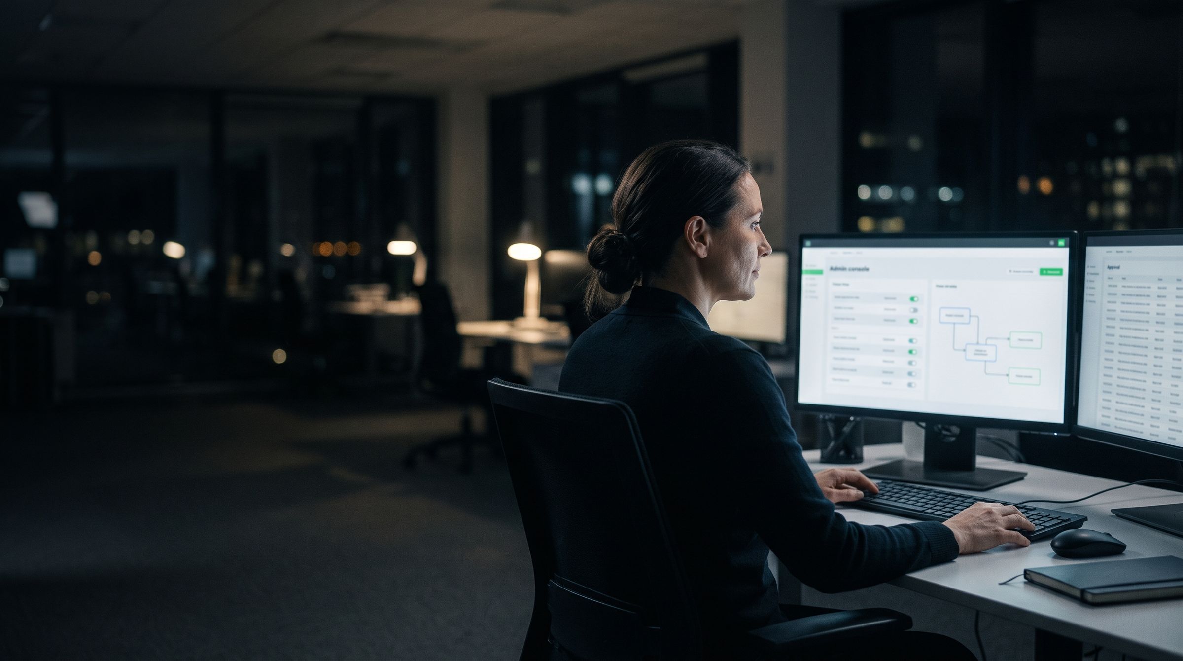 An identity architect at her desk at night, reviewing an access policy and its approval log on two monitors.