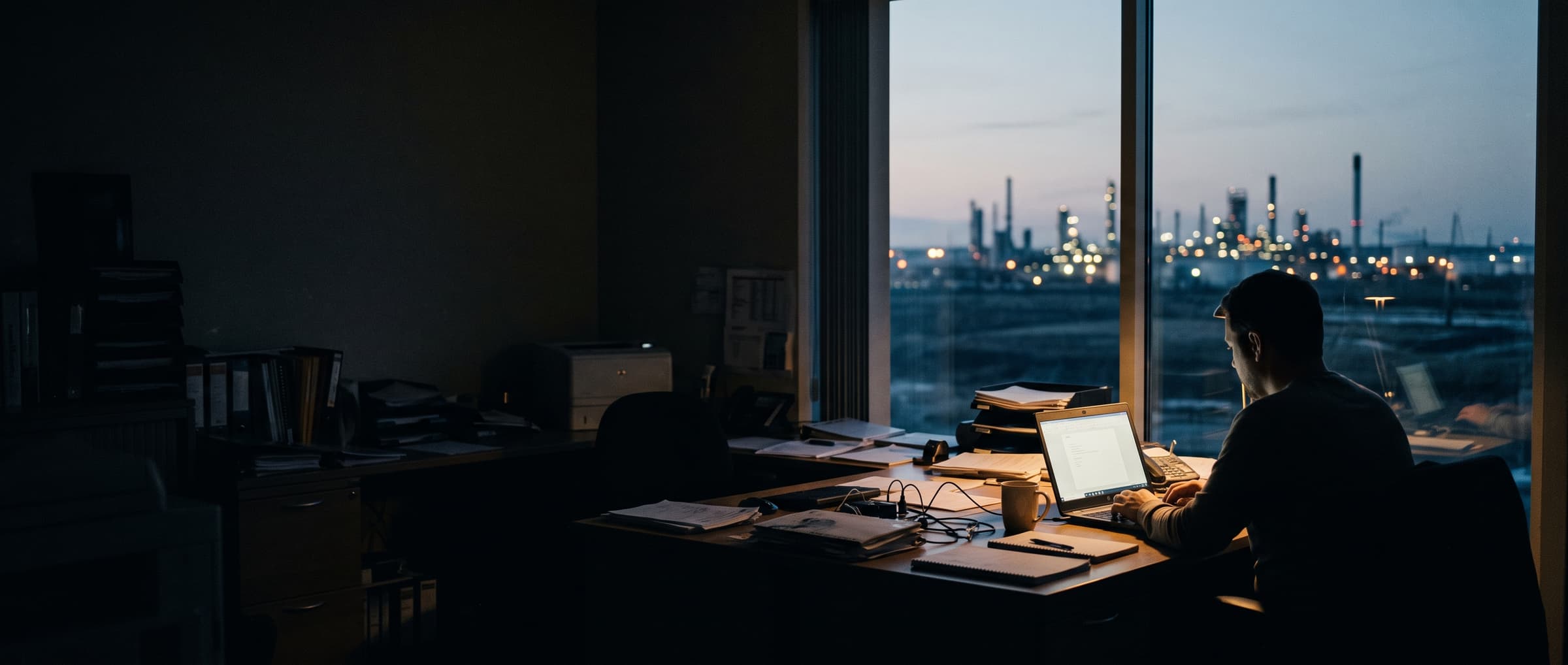 A person at an office desk at dusk, looking out of the window at an industrial plant.